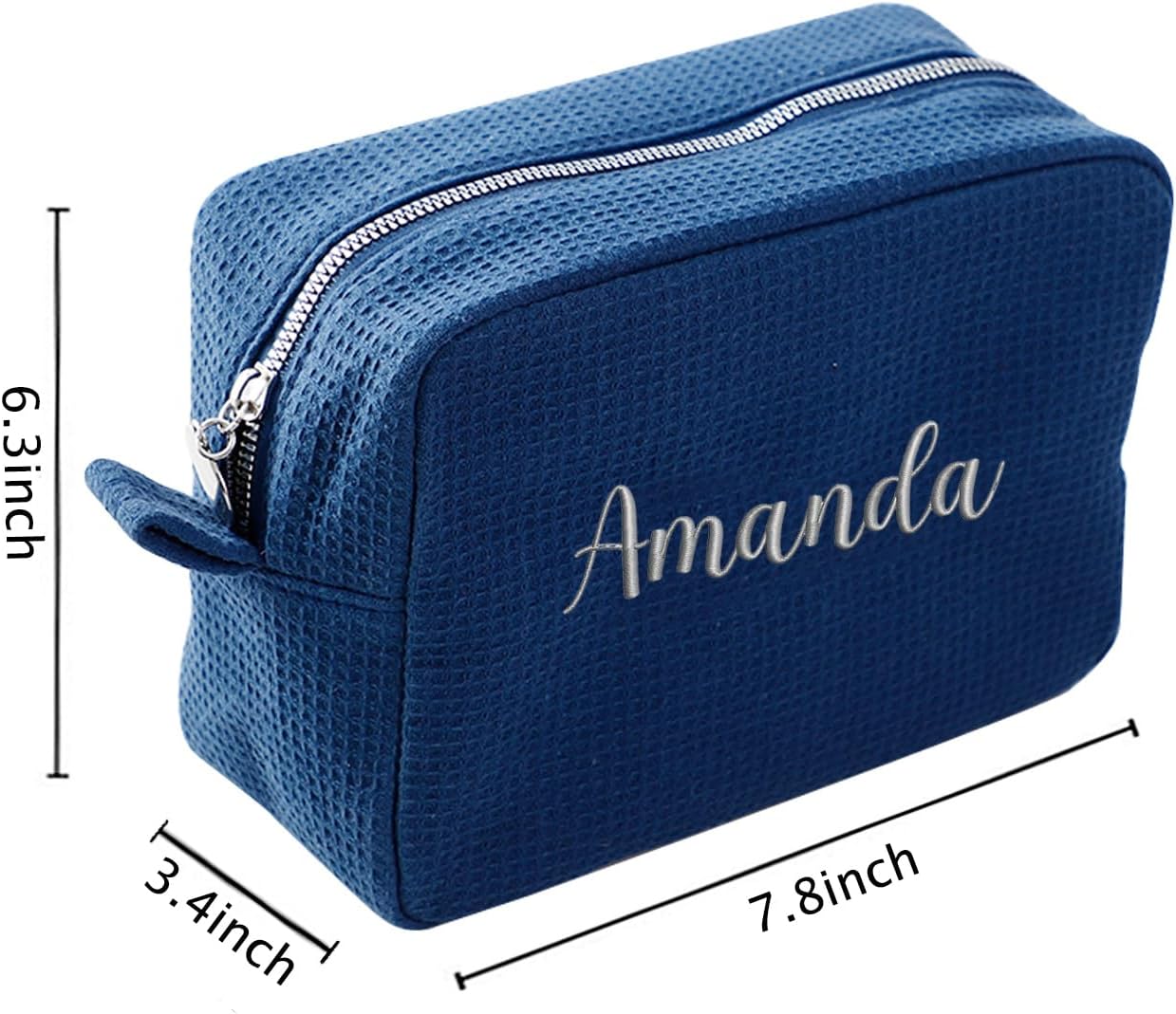 GOPHIE Personalized Embroidered Makeup Bag,Custom Waffle Fabric Cosmetic Pouch for Women, Travel Makeup Pouch (3, Navy Blue)
