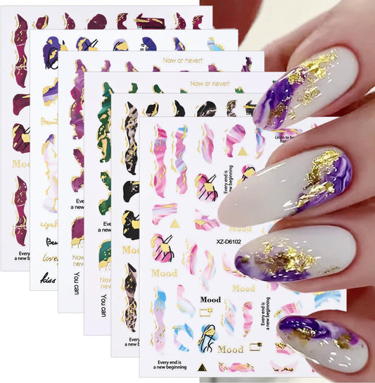 6 Sheets Marble Nail Stickers 3D Bronzing Gold Marble Nail Art Stickers Blooming Nail Decals Watercolor Smudge Summer Nail Sticker Self-Adhesive Foil Sticker for Women Girls Acrylic Nail Decorations