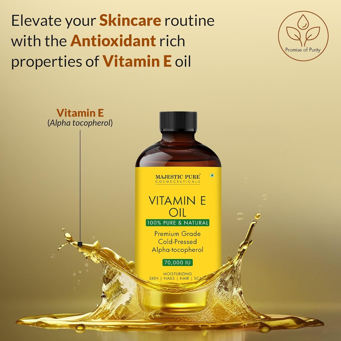 Majestic Pure Vitamin E Oil - 100% Pure & Natural, 70,000 IU | Premium Grade, Cold-Pressed and Tocopherol to Repair Dry, Damaged Skin| Moisturizing Skin, Hair and Scalp 4 Fl Oz