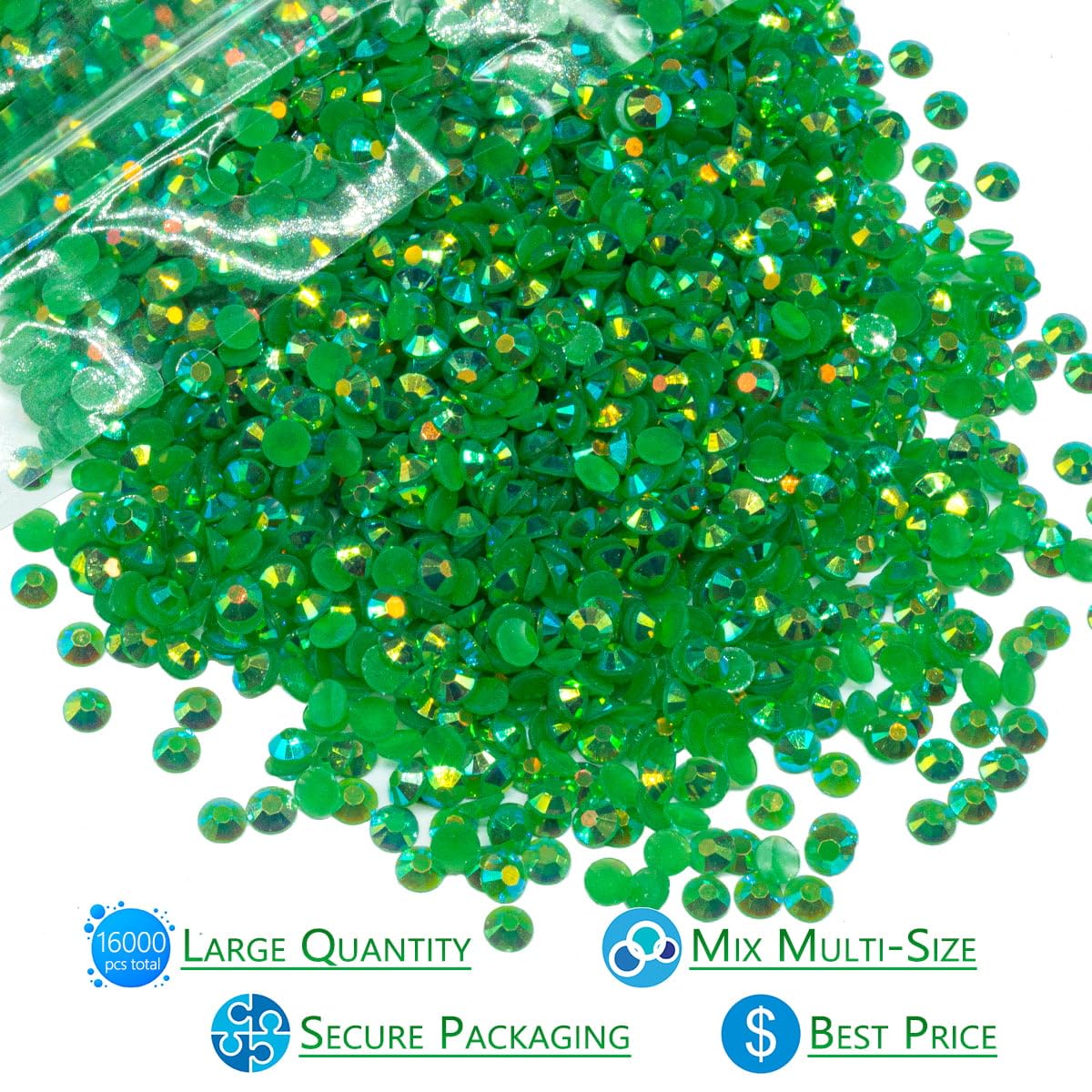 16000PCS Emerald Green AB Resin Rhinestones for Crafting 3mm 4mm 5mm Dark Green Flatback Jelly Stones Bulk SS10 SS16 SS20 Diamonds Gems for Face Eyes Makeup Tumblers Bottles DIY Crafts Clothes Shoes
