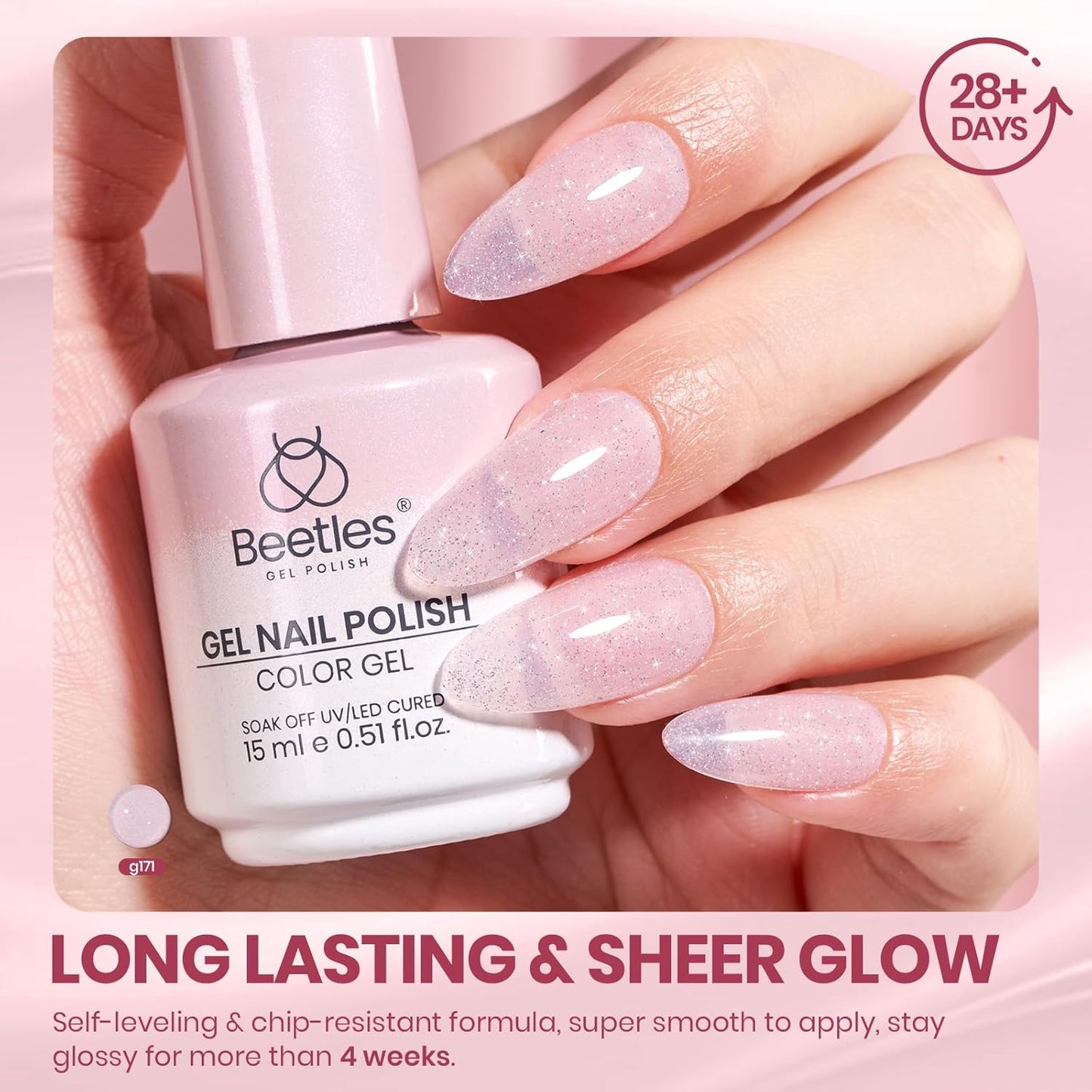 Beetles Glitter Pink Gel Nail Polish - 15ML Soft Glow Fragments Pink Nude Natural Glitter Gel Polish Soak Off UV French Nail Art Salon DIY Manicure Colorful Bottle Gift for Women