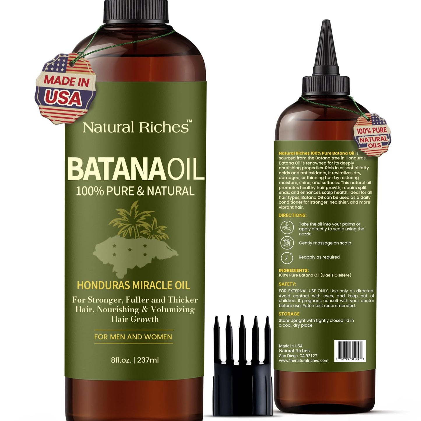 Natural Riches Unrefined Organic Batana Oil, 8 fl oz, 100% Pure & Natural, Cold pressed Honduras Miracle Oil for Hair Growth.