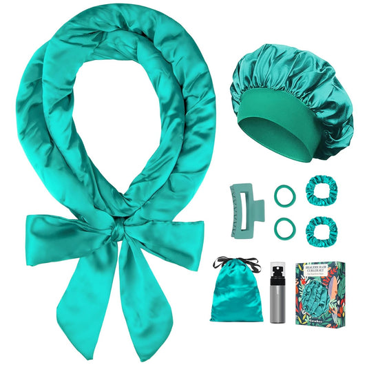 Satin Heatless Curls Overnight Hair Curlers to Sleep In Hair Curler Rollers No Heat Hair Wrap for Curls Headband, 70" Satin Heatless Curling Rod Set for Women Long Waves Hair Volume -Green 9PCS