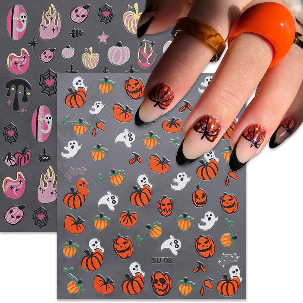 8Sheets Halloween Nail Art Stickers Cute Ghost Pumpkin 3D Self-Adhesive Nail Decals Spider Web Blood Flame Designs Nail Decorations Fall Thanksgiving Nail Supplies for Women DIY Manicure Art