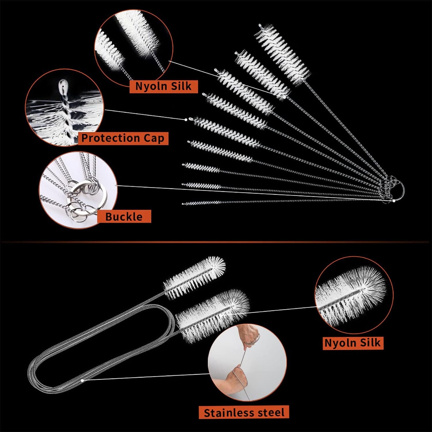 10 Pcs Flexible Drain Brush Straw Cleaner Brush Set,Pipe Cleaners Brush,61Inch Stainless Steel Double-Ended Hose Brush 8.2Inch Nylon Long CPAP Tube Cleaning Brush for Home Kitchen Sink Plumbing(White)