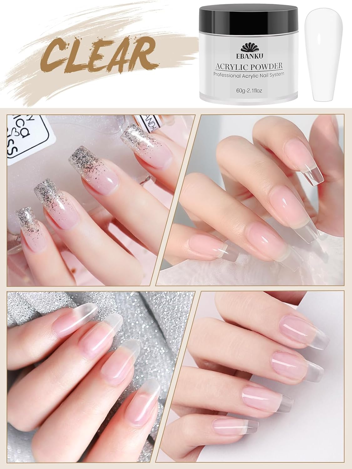 EBANKU 2 Colors Acrylic Nail Powder Set, White Clear Acrylic Powder Professional Nail Acrylic Powder for Nail Acrylic Extension, Nail Carving, Long-Lasting, No Nail Lamp Needed, 2.1 oz