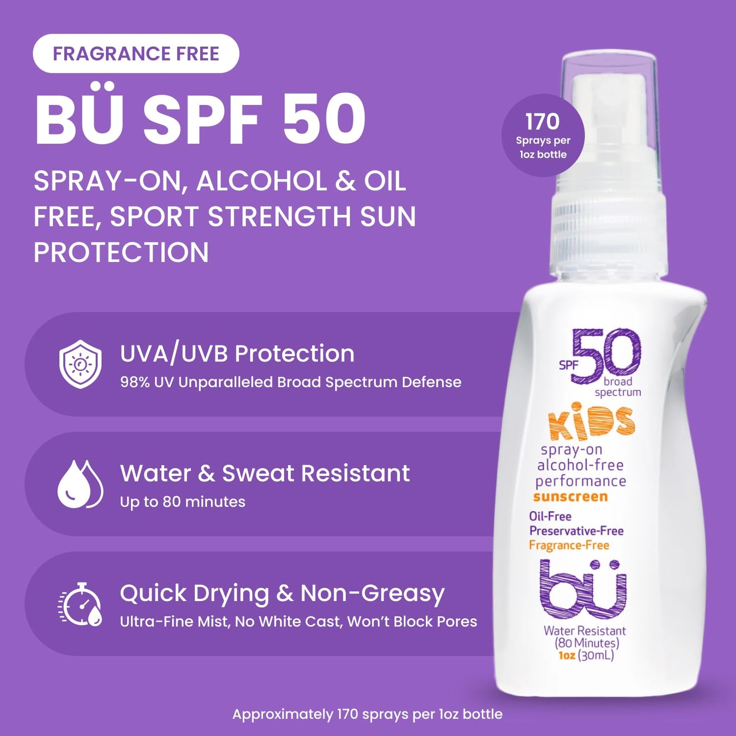 BU SPF 50 Fragrance Free Kids Sunscreen Spray for Face and Body, TSA Travel Size Sunscreen, Clear Non Aeorsol Spray, Non Greasy, Water Resistant and Oil Free, 1 oz (4-pack)