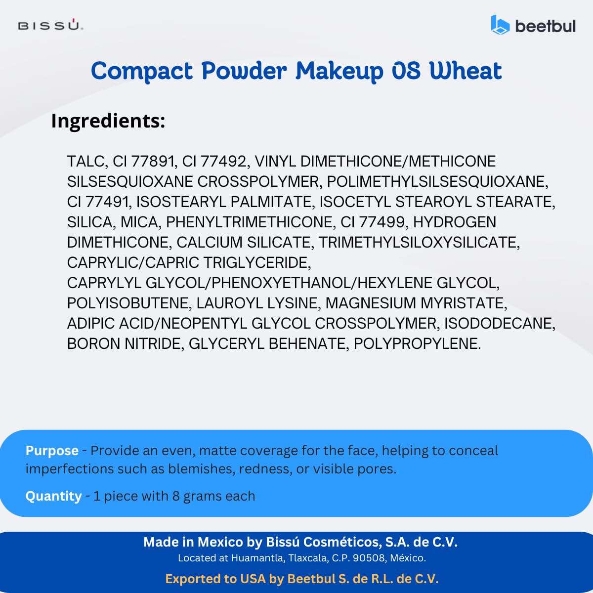 Beetbul Makeup & Exfoliation Kit - Bissú Compact Powder + 1 Medium Velvet Puff + 2 Finger Puffs + 1 Facial Exfoliating Sponge (08 Wheat, One Size)