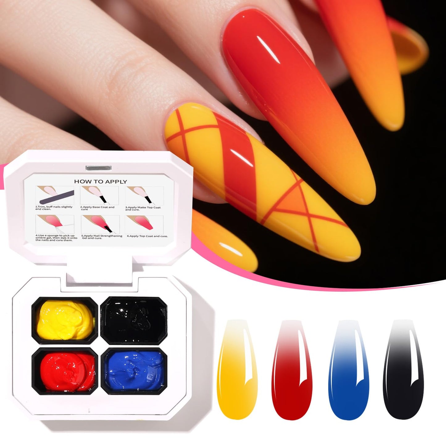 Finger Secret 4 Colors Set Ombre Pat Gel Nail Polish,Gradient Painting Gel with 20Pcs Nail Sponges for Nail Art DIY can be Painted in Salon or Home Use(k9)