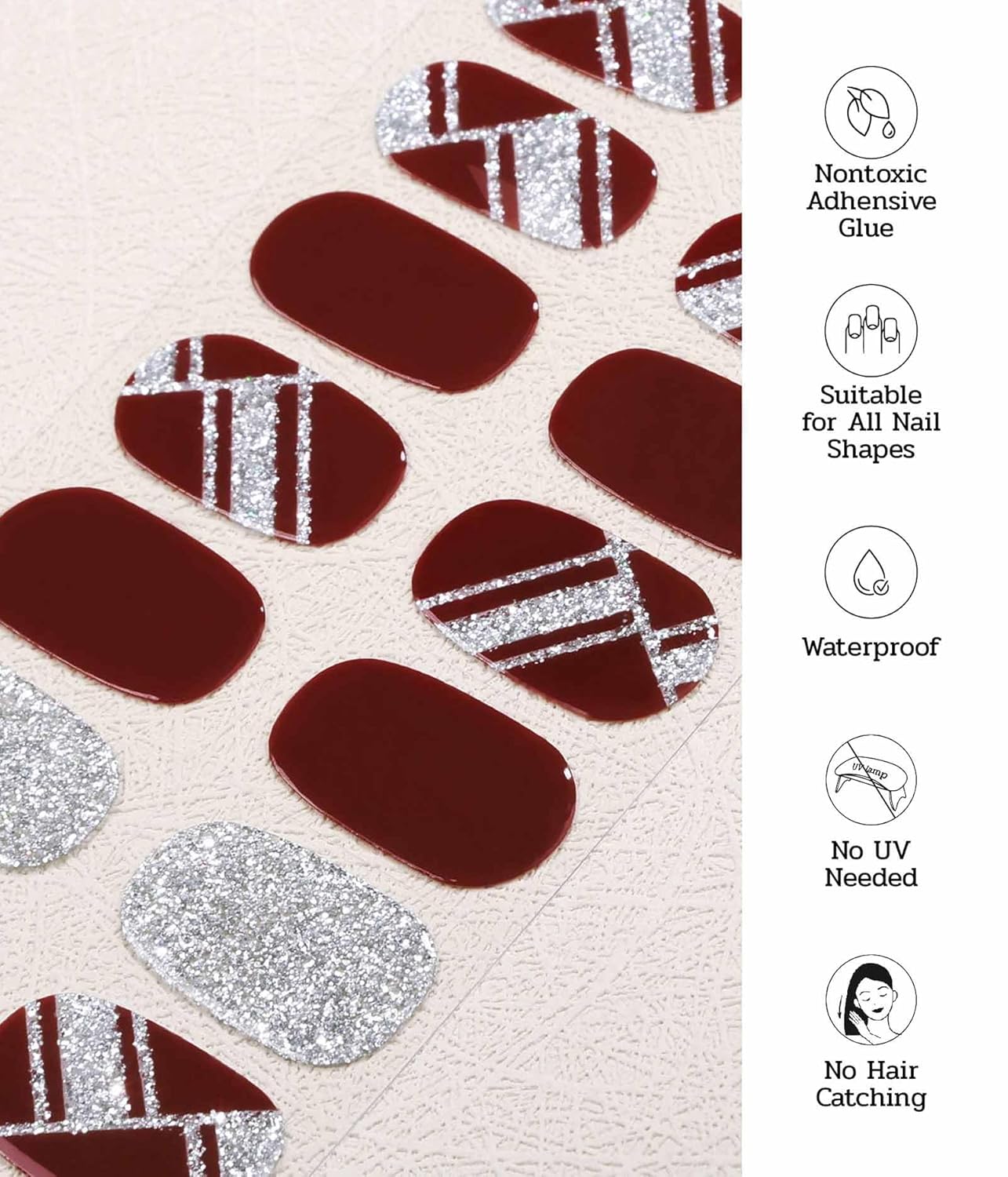 Nail Polish Strips - 22 Pcs Salon Quality Gel Nail Stickers - Long Lasting Wraps (Cherry Mocha Glitter)