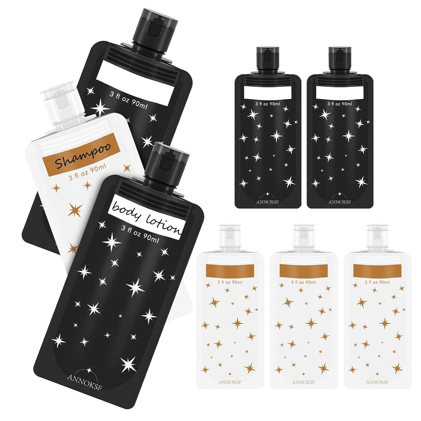 8 Pack Travel Pouches for Toiletries, Refillable squeeze Liquid travel pouches,Travel Shampoo and Conditioner Pouches,3oz leak proof travel pouches (Star)