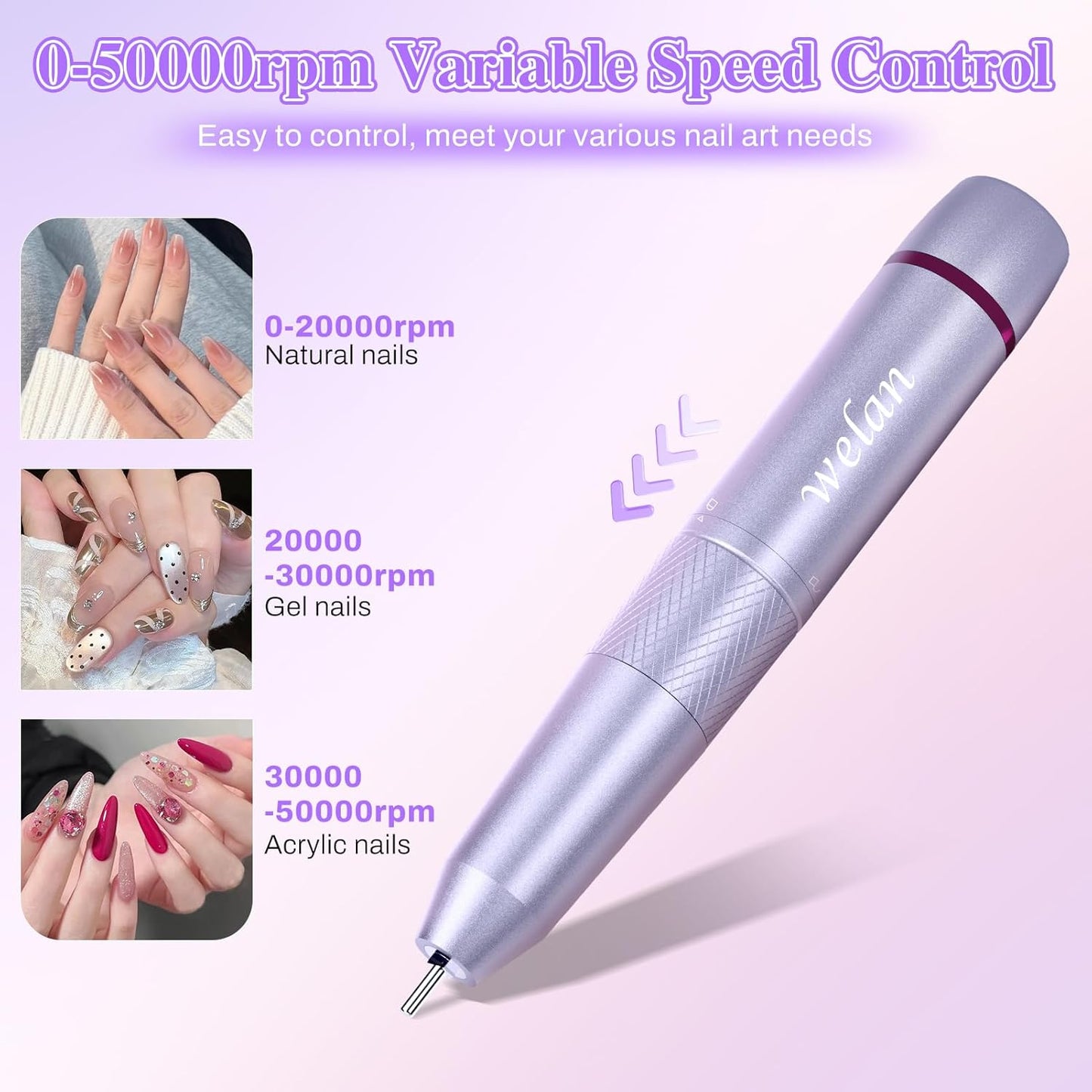 Electric Nail Drill Professional, 50000RPM Electric Nail File Portable Nail Drill Kit 6000mAh Rechargeable Machine for Acrylic Gel Nail, Manicure Pedicure Polishing Nail for Salon Home Purple