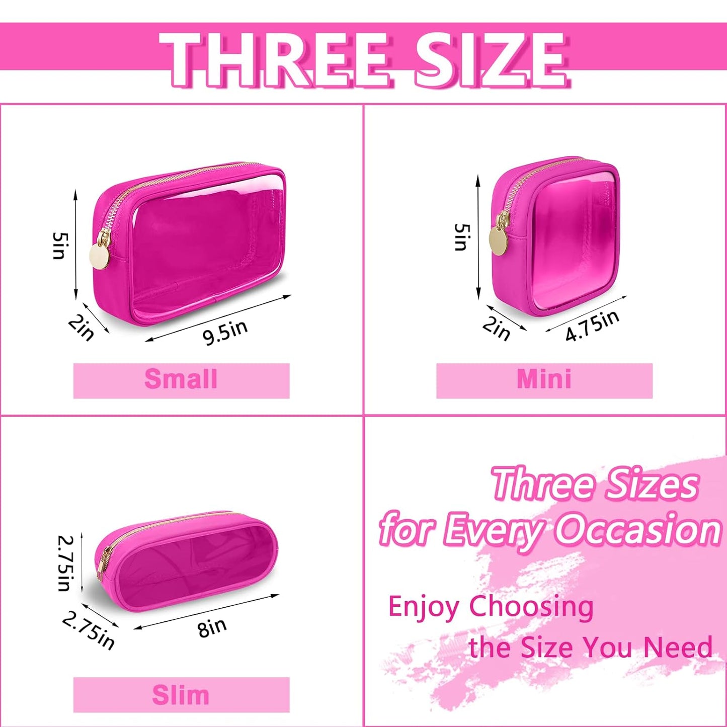 Clear Mini Makeup Bag, Small Nylon&PVC Cosmetic Travel Bag TSA Approved Toiletry Bag with Zipper, Preppy Transparent Coin Purse for Women Men Girls(Mini-Hot Pink)