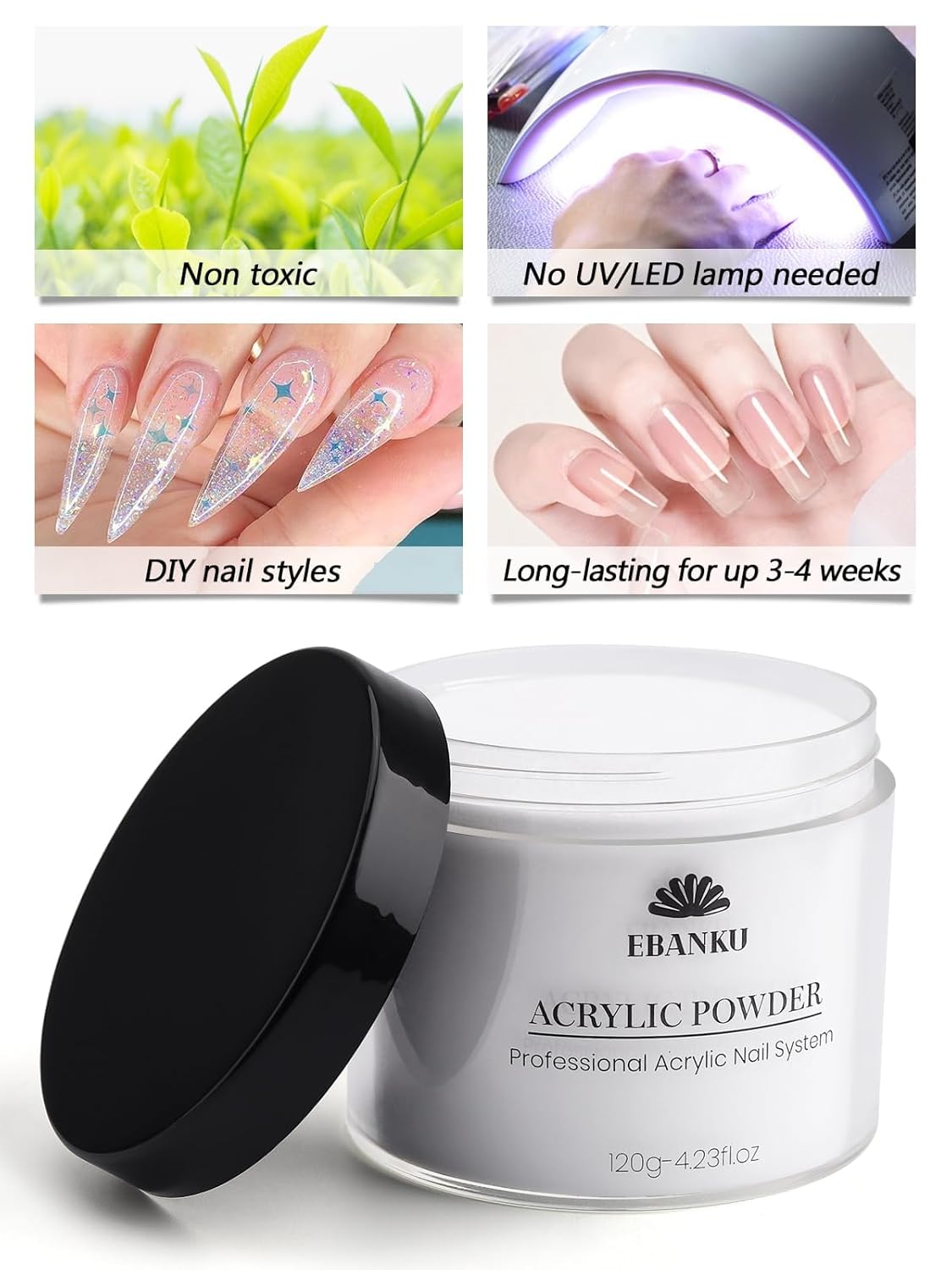 EBANKU Acrylic Nail Powder, 4.2oz Clear Powder for Nail Extensions & Sculpting, Colored Acrylic Nail Powders for French Nail Extension, Gifts for Women