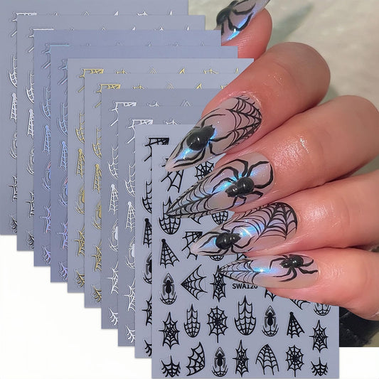 10 Sheets Spider Nail Art Stickers Halloween Nail Decals 3D Self-Adhesive Laser Black White Gold Silver Spiders and Spider Web Nail Sticker Design DIY Holiday Party Nails Supplies for Salon Manicure