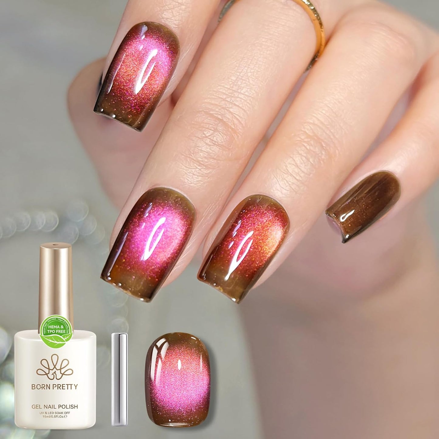 Born Pretty 15ML Cat Magnetic Eye Gel Polish, Pink Brown Gel Nail Polish Fall Winter Cat Holographic Magnetic Nail Polish Nail Art Manicure Salon DIY at Home