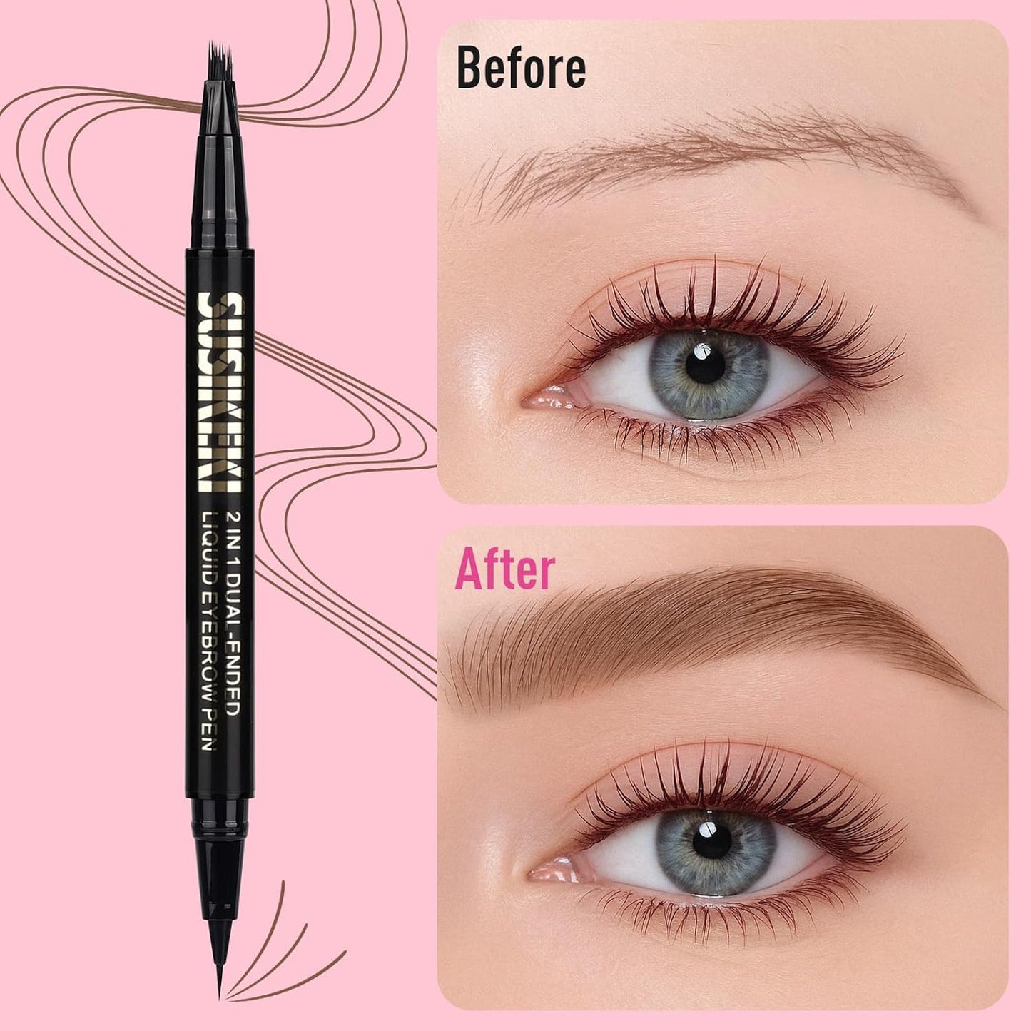 Dual Ended Microblading Eyebrow Pen - 2 in 1 Liquid Eyebrow Pencil with Brow-Fection Angled Brush & Precise Detail Brush-Tip, Shapes & Fills Hair-Like Looking Brows, Lasts All-Day, Brown