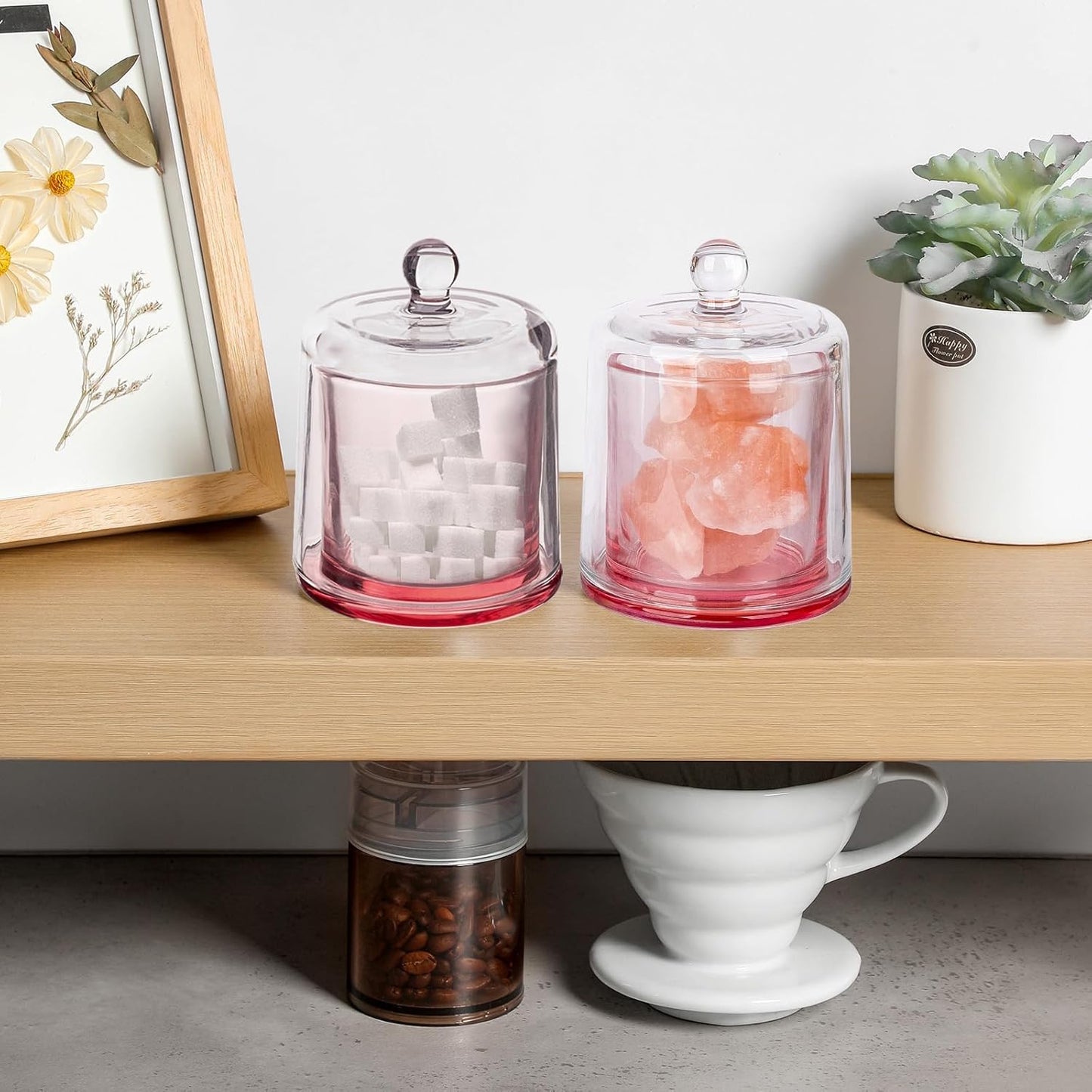 rejomiik 2 Pack Qtip Holder Thick Glass Apothecary Jars with Lid for Bathroom Accessories Vanity Organizers and Makeup Storage for Cotton Ball, Swabs, Makeup Sponges, Candy, Jewelry, Pink