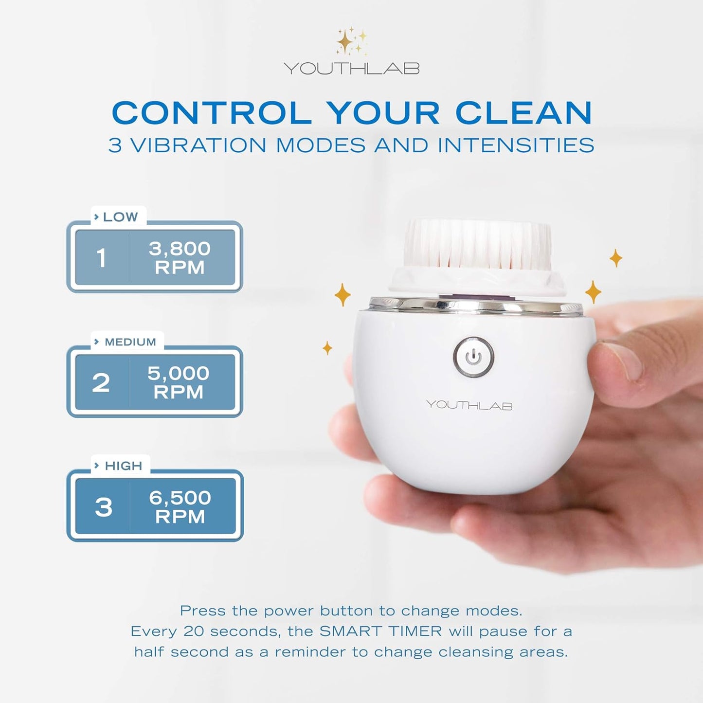 YouthLab Pure Radiance, Vibrating Facial Cleansing Brush, Electric, 3 Modes, 3 Brush Heads (2 Bristle,1 Silicone), Waterproof, Rechargeable, Smart Timer, Exfoliating, Massage (Silver)