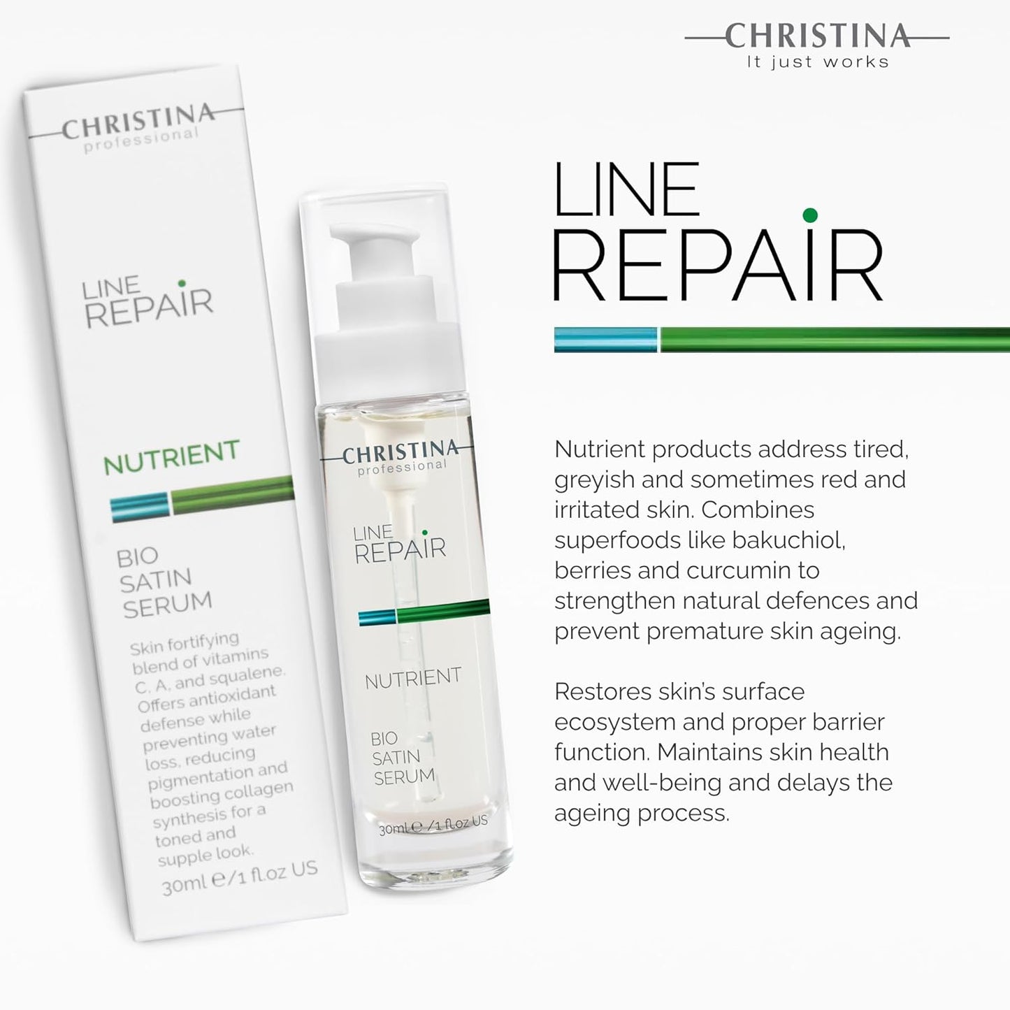 Christina Line Repair Bio Satin Vitamin C Serum for Face | Deeply Nourished Radiant Skin | Vitamin-Rich Protection | Retinol Revitalization Face Serum | For Sensitive, Normal, and Dry Skin 30ml