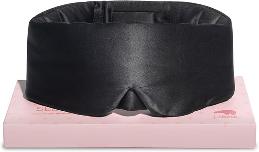 LitBear Silk Sleep Mask for Side Sleeper, Eye Mask Sleeping for Women Men 100% 22 Momme Pure Mulberry Silk, Face-Hugging Padded Eye Cover for Sleeping with Adjustable Band (Black)
