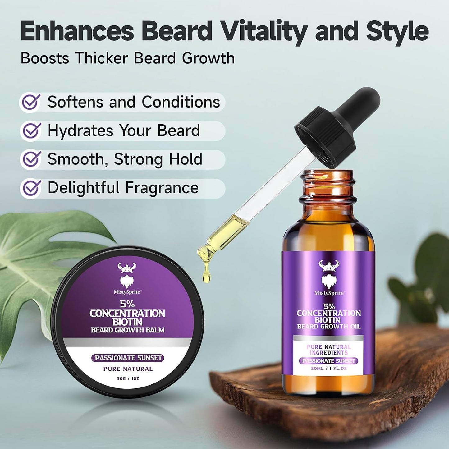 Beard Growth Kit - 5% Concentration Biotin Beard Oil for Men (2 oz) - Natural Mens Beard Oil with Argan Oil, Jojoba Oil and Vitamin, Beard Growth Softener, Moisturizer (Passionate Sunset)