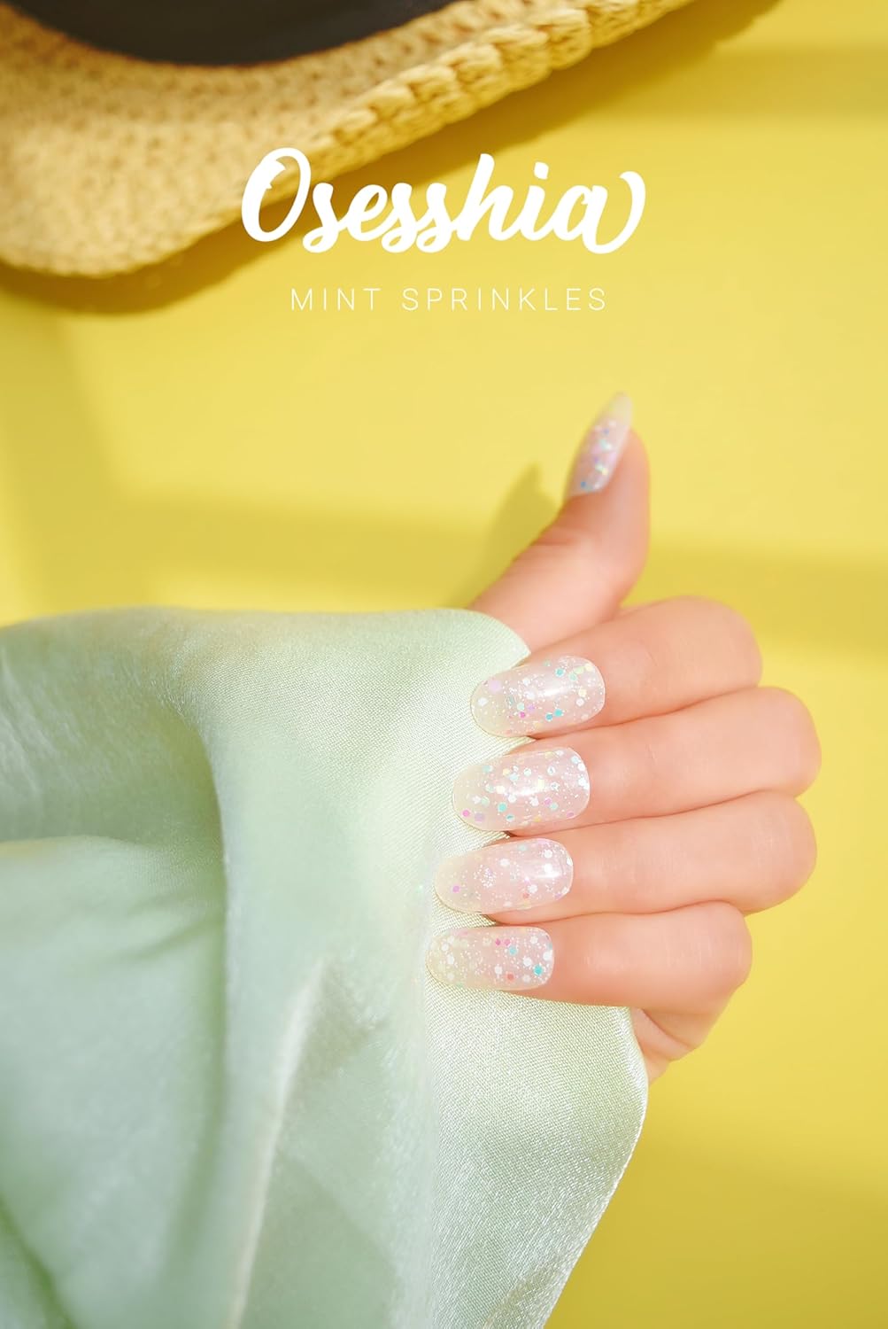 Semi Cured Gel Nail Strips, 20 pcs Nail Wraps, Glaze Stickers, Salon Quality French Manicure, Full Decal Gel Polish Strips, Long Lasting SCG, Easy on, UV Required (Mint Sprinkles)