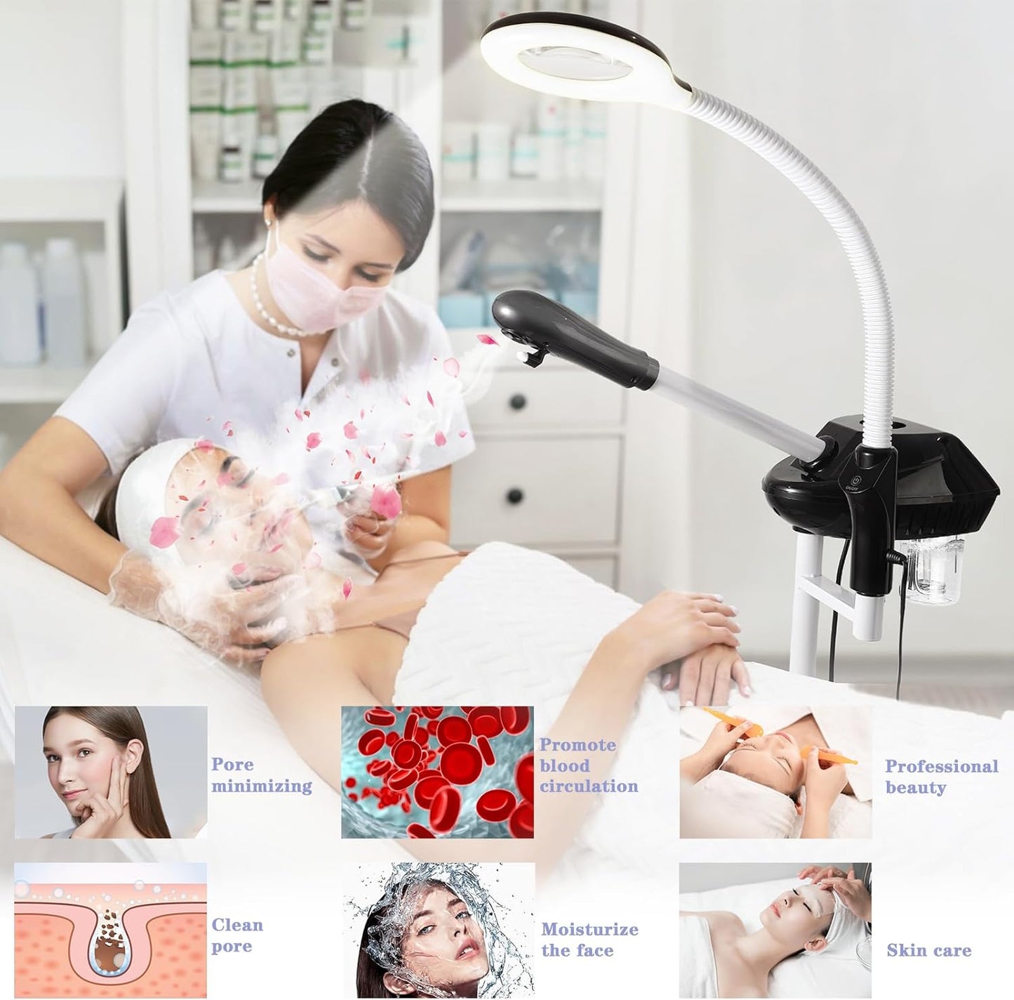 Professional Facial Steamer, 2 in 1 Face Steamer on Wheels, with 5X Magnifying Lamp, Facial Steamer with Time Setting, Stand Face Steamer Adjustable Height for Spa, Salon and at Home use