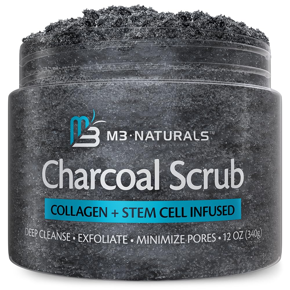 Exfoliating Charcoal Scrub with Collagen & Stem Cells – Salt Scrub for Body Toning, Cellulite, Armpit Detox, and Skin Smoothing for Face, Feet, and Body by M3 Naturals.
