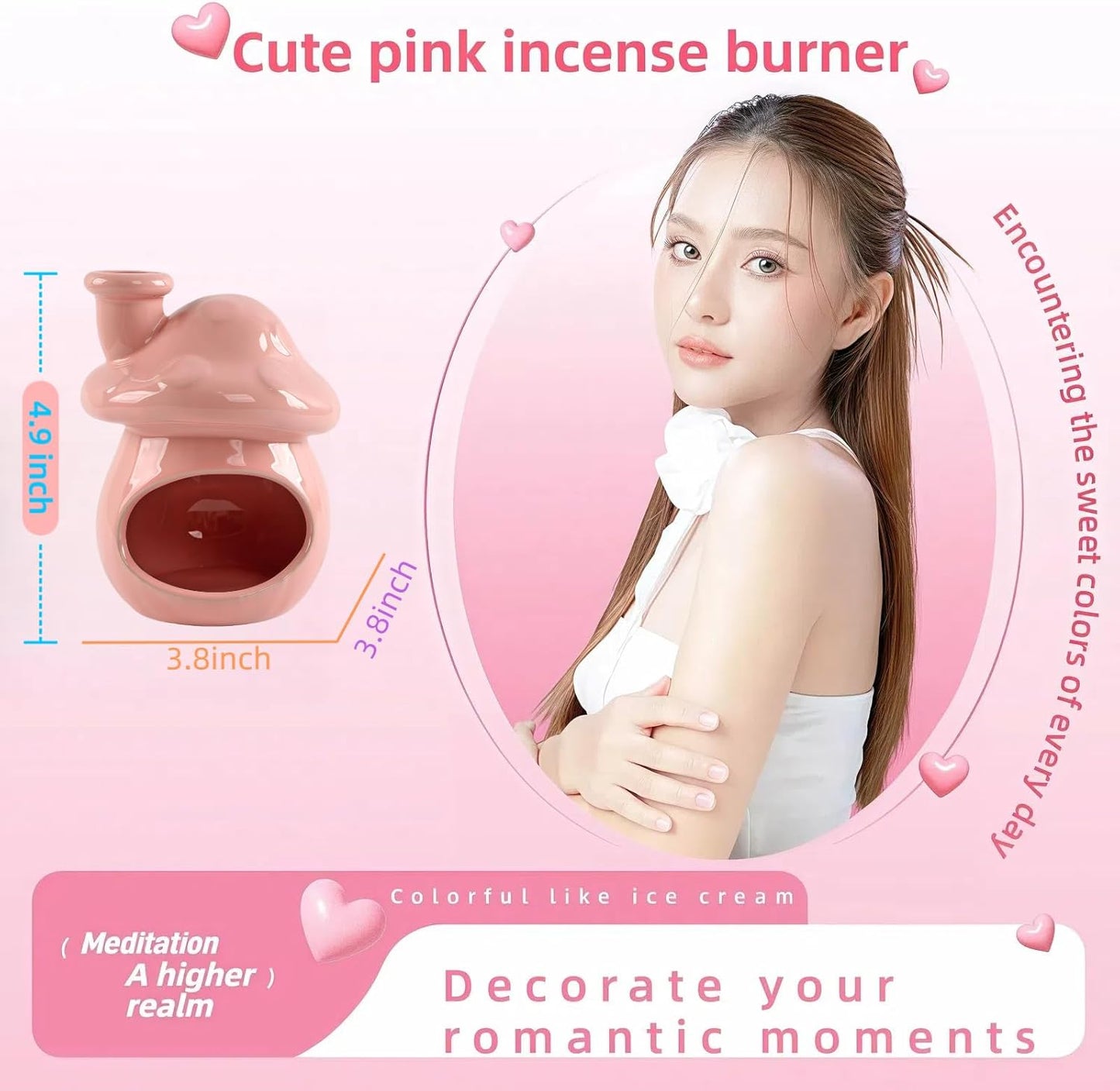 Mushroom Incense Holder, Pink Ceramic Palo Santo Holder Burner & Sage Holder - Mini Tabletop Chiminea Burner Tray with Ash Catcher, Cute Mushroom Decorations for Spiritual Meditation & Yoga