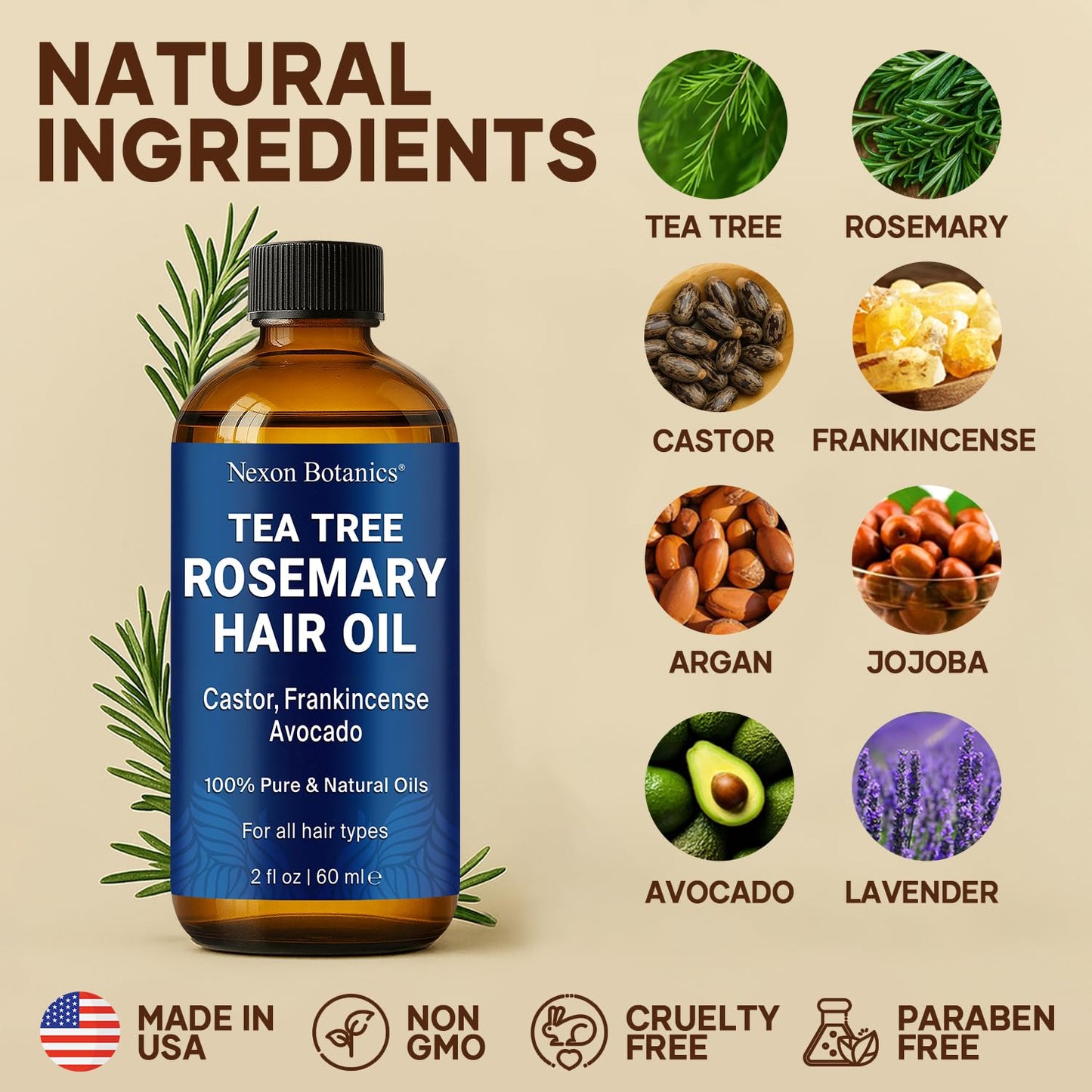 Tea Tree Rosemary Oil for Hair Growth 2 fl oz - Scalp Treatment with Castor, Frankincense & Avocado Oils - For Dry, Damaged Hair - Nexon Botanics