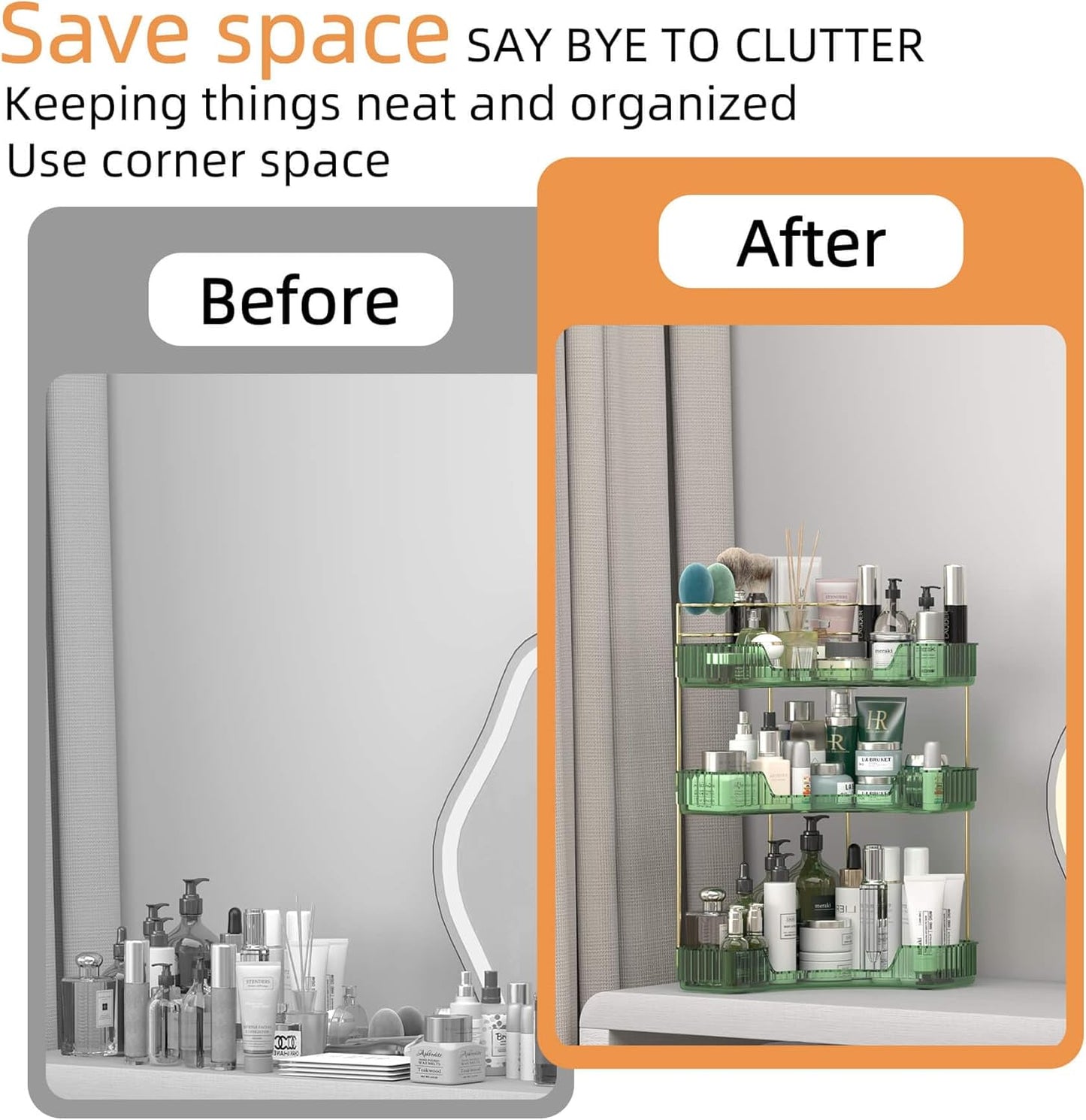 3 Tier Corner Bathroom Organizer Countertop, Vanity Makeup Organizer with Brush Holder, Space-Saving Skincare Storage Corner Shelf for Bathroom, Dressing Table, Kitchen