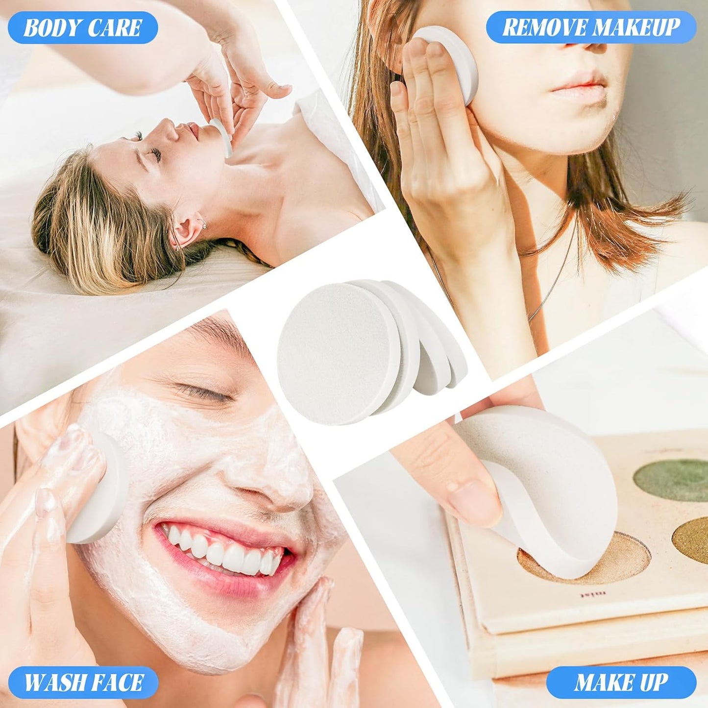 MotBach 60 PCS White Round Makeup Sponge, Cosmetic Sponge Round Foam Pad Eye Facial Powder Puff, Beauty Makeup Foundation Powder Blender for Women Lady All Skin Types Wet and Dry Dual Use