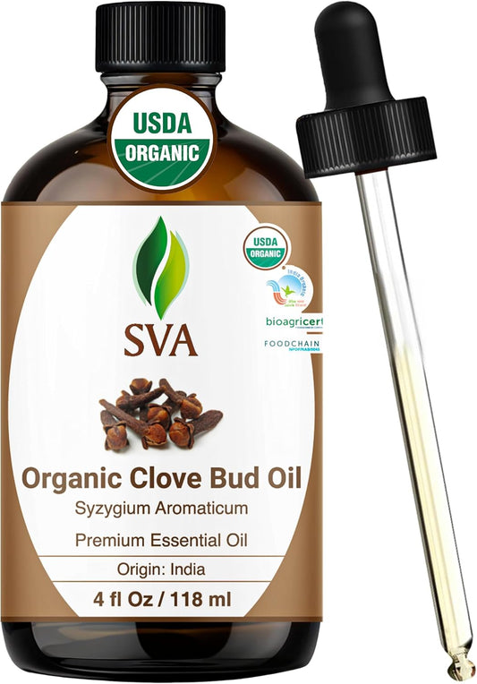 SVA Clove Essential Oil Organic – 4 Fl Oz – 100% Natural Organic Clove Oil - for Diffuser, Hair Care, Face, Skin Care, Aromatherapy, Scalp and Body Massage, Soap and Candle Making - with Dropper