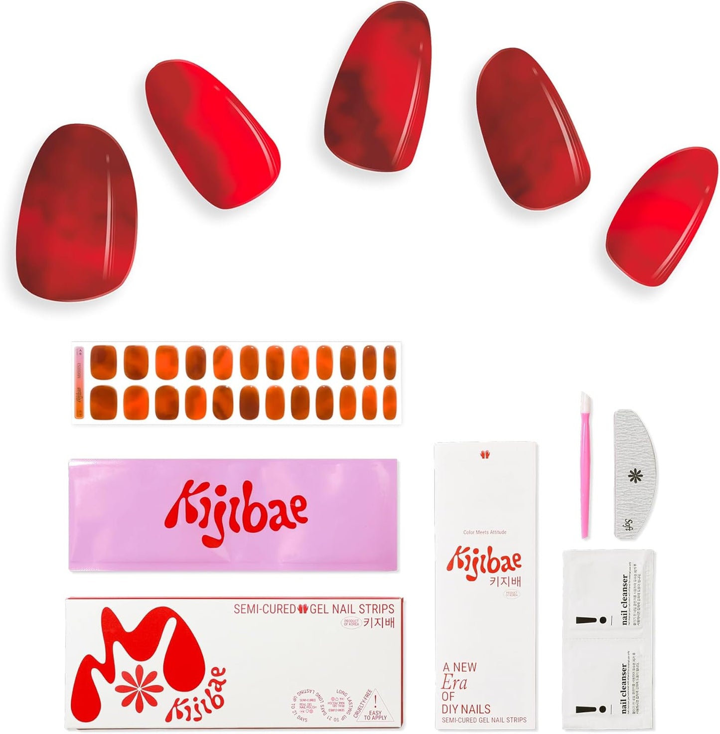 Semi Cured Gel Nail Strips - Minimalist Ombre Nail Polish Wraps, Works with Any UV Lamp - Long Lasting Easy Salon Manicure - 24pcs with 2 Prep Pads, Nail File & Cuticle Stick (Lava Gurl)