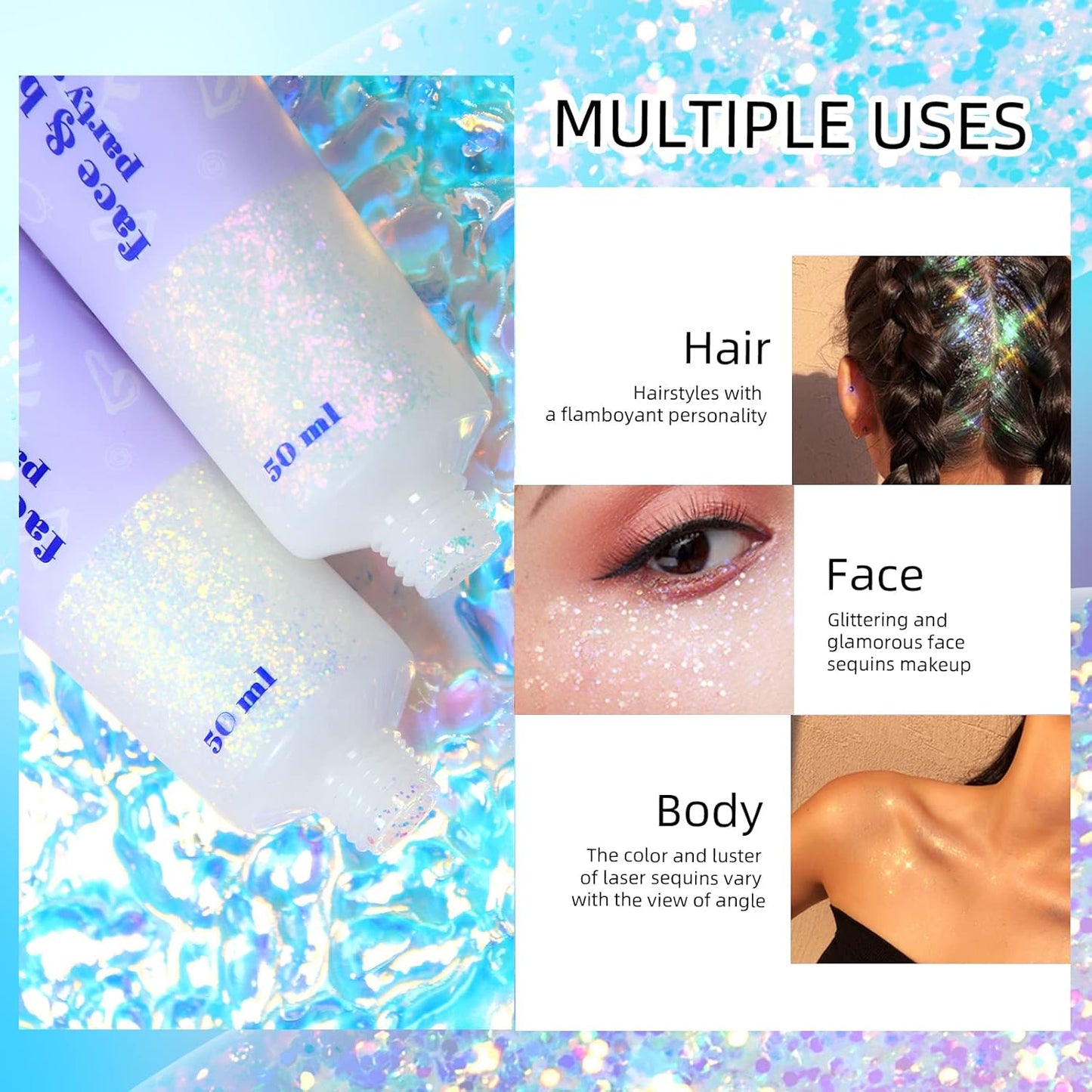 DAGEDA Body Glitter Gel, Holographic Face Glitters Body Gel Shimmer Liquid Eyeshadow, Color Changing Glitter for Face Hair Nails, Glitter Under Light Festival Glitter Makeup 1.7oz (Galaxy Blue)