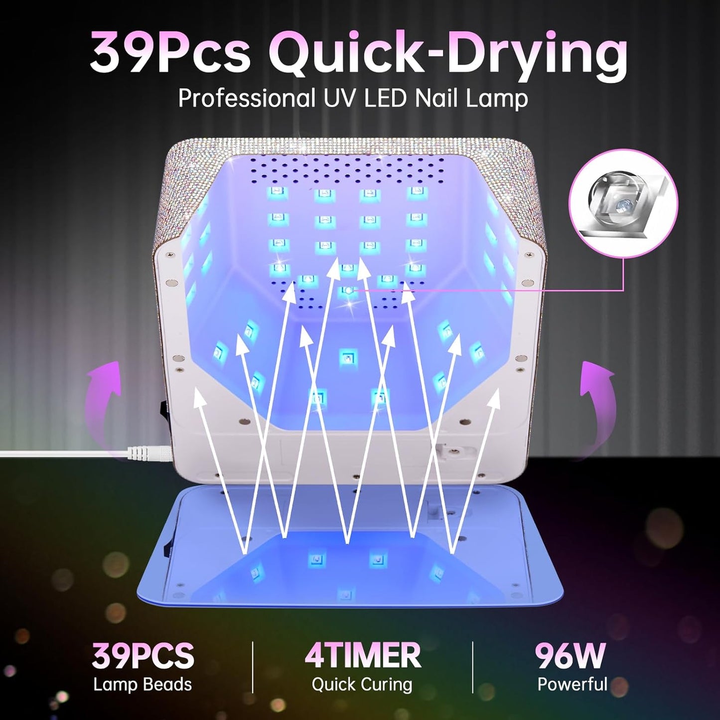 UV LED Nail Lamp 96W Plug-in Nail Dryer Sparkly Gel Polish Light 4 Timer Setting Professional Quick Dry Curing Lamp with Display Auto Sensor for Salon & Home