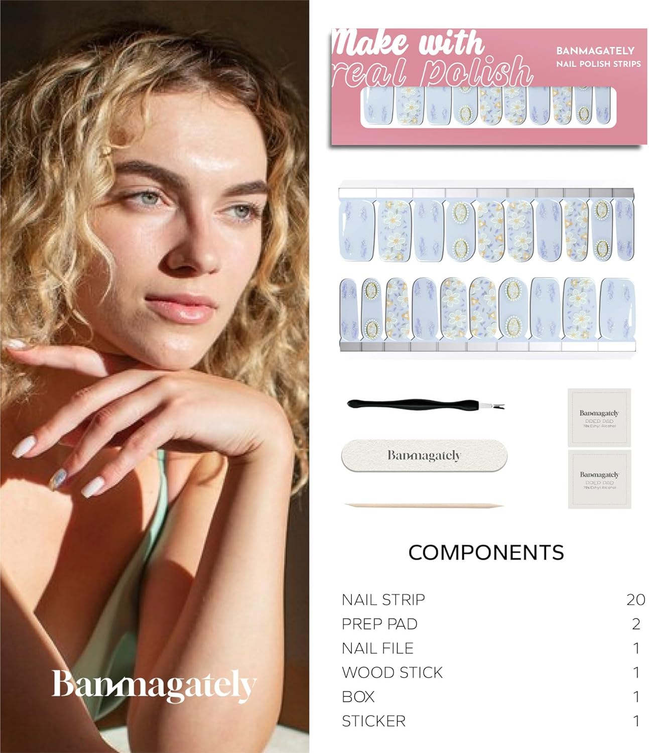 Nail Polish Strips, 20Pcs Salon Quality Gel Nail Stickers, Easy Long Lasting Wraps for Short Nails no UV Light Needed (Rainy Sky)