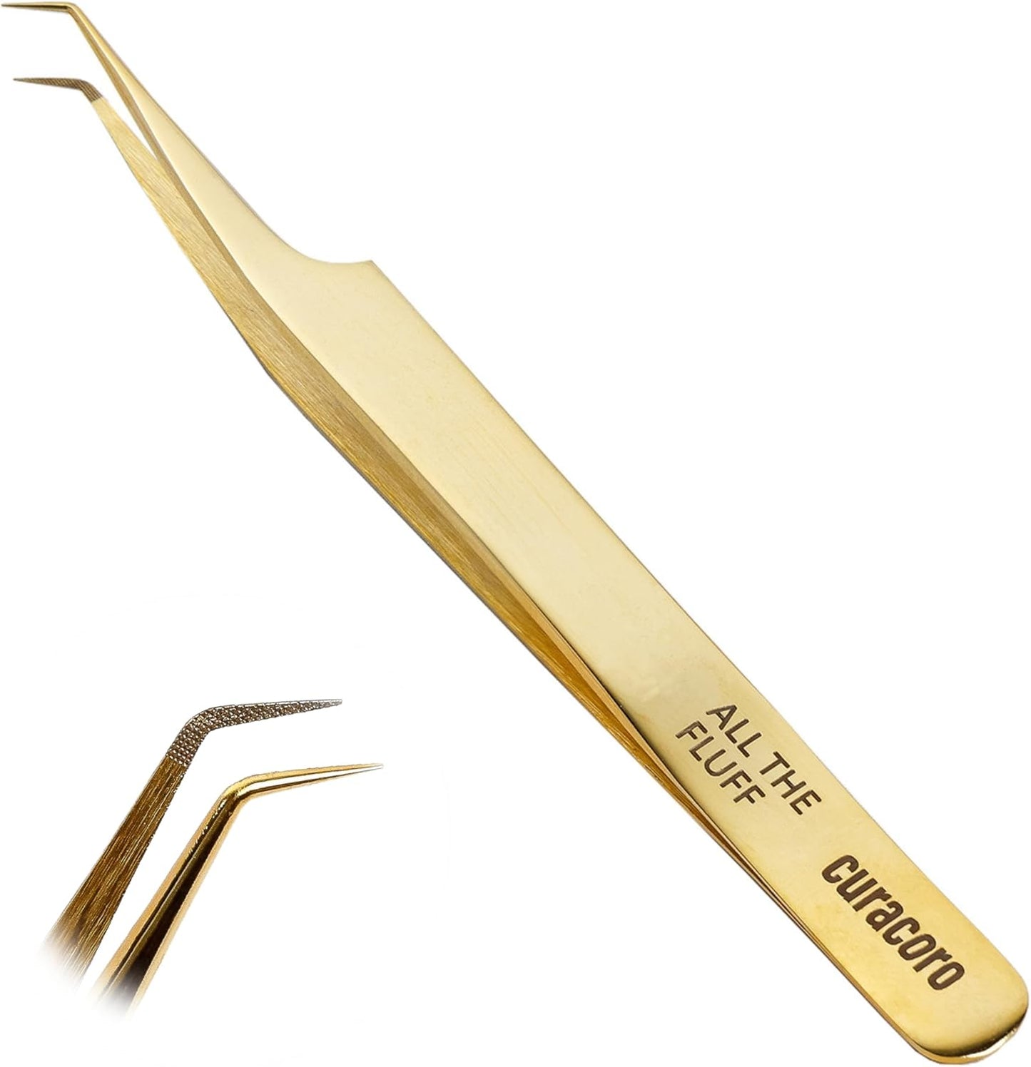 Curacoro Lash Tweezer - Professional & Precision Fiber Tip Grip Lash Tweezers for Eyelash Extensions, Multi Shapes & Purposes Tweezers for Volume, Isolation & Classic Lashes (Gold, All The Fluff)
