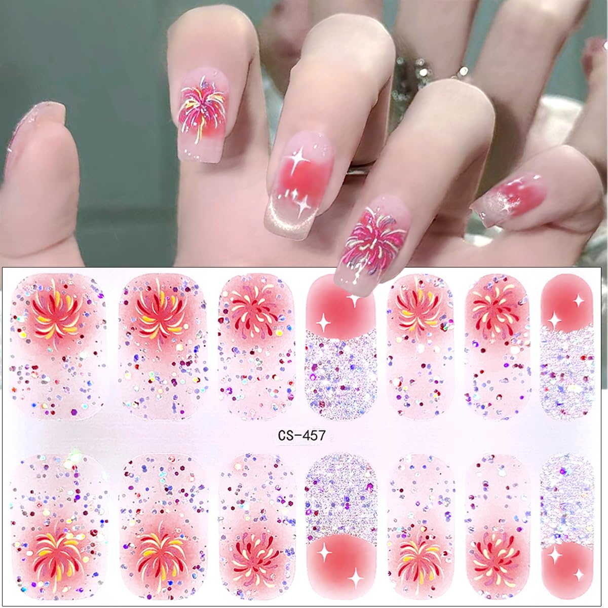 Christmas Nail Stickers - Glitter Firework Nail Wraps, 3D Winter Gel Polish Strips, New Year Full Wrap Designs, Self-Adhesive Shiny Gradient Decals for Women, 6Pcs