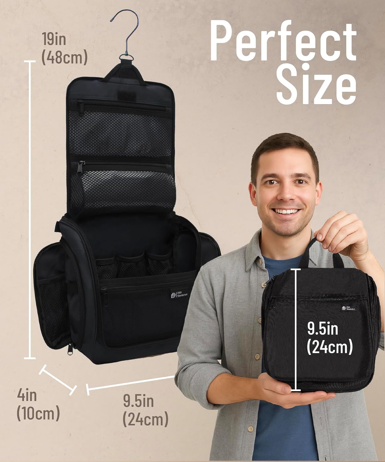 D&D Hanging Travel Toiletry Bag for Men and Women – Large Cosmetics, Makeup and Toiletries Organizer Kit with 10 Compartments, YKK Zippers, XXL Metal Swivel Hook, Water-Resistant Nylon