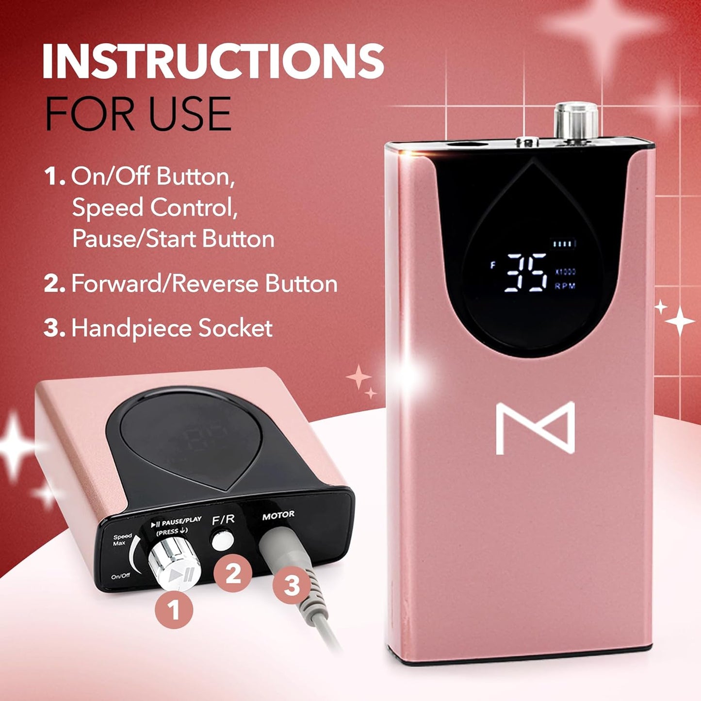 M Max - Nail Drill Professional - 2-in-1 Brushless Motor Nails Drill Machine - Electric, Cordless, Aluminium Alloy Casing, 35000 RPM, HD Display - Perfect for Salon & Home Use (Rose Gold)