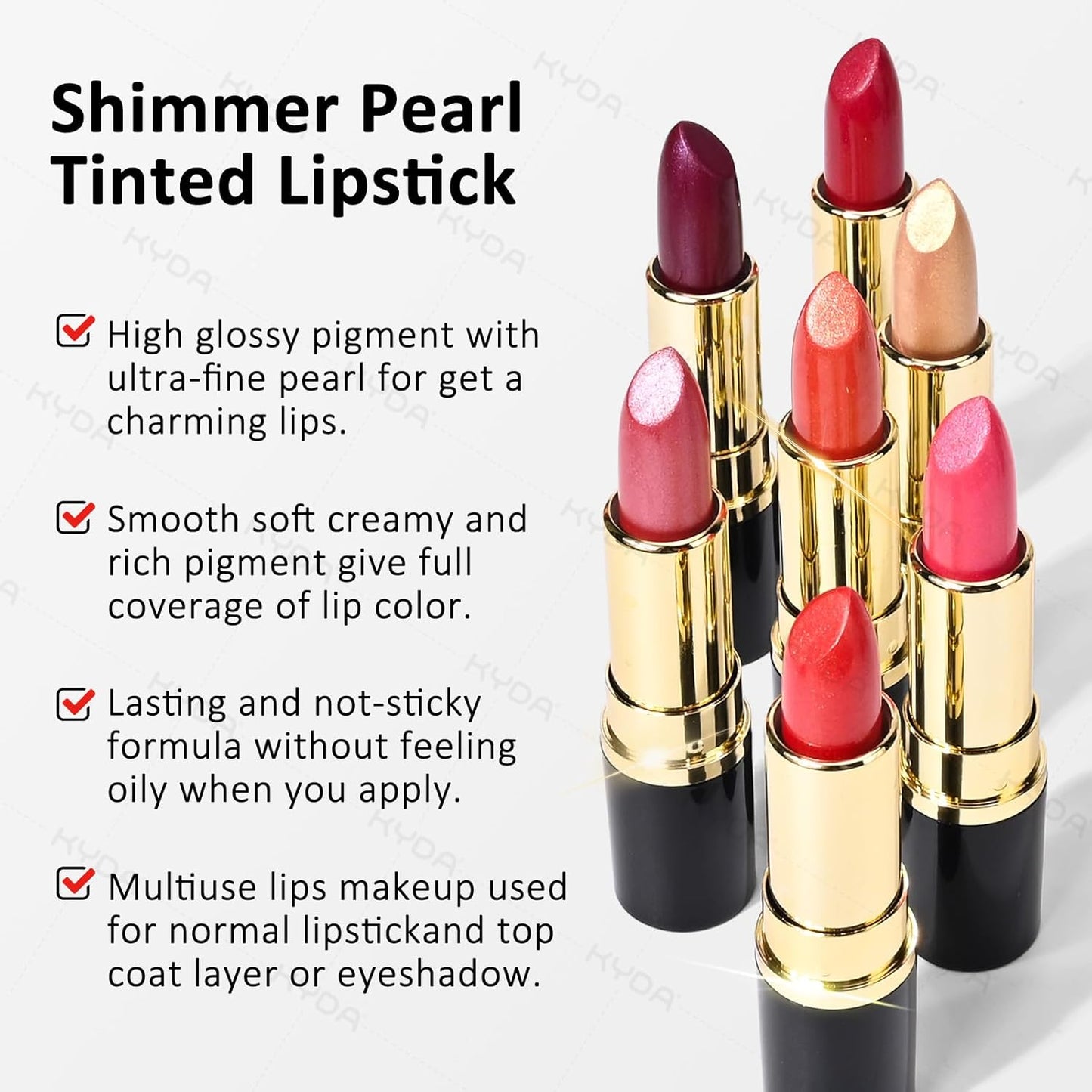 KYDA Red Shimmer Lipstick, Metallic Pearl Lipstick, Lasting Non-sticky Glitter Lips Color, High Glossy Lips Makeup for Women, Real Red