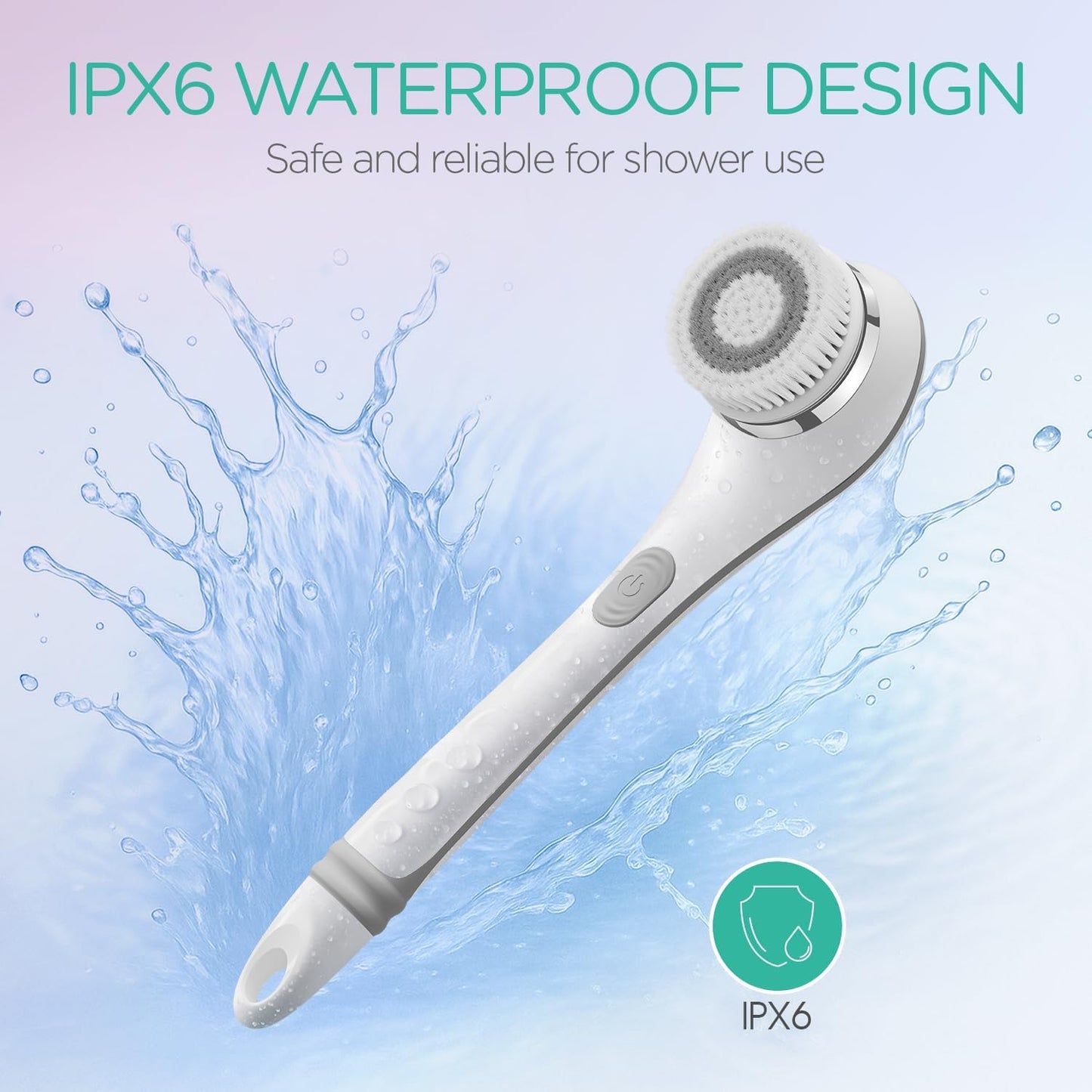 VOYOR Electric Body Brush Back Scrubber for Shower Rechargeable Exfoliating Bath Brush Powered Shower Brush with Non-Slip Long Handle Deep Cleansing, Exfoliation, Massaging Spin Brush BC100 (Gery)