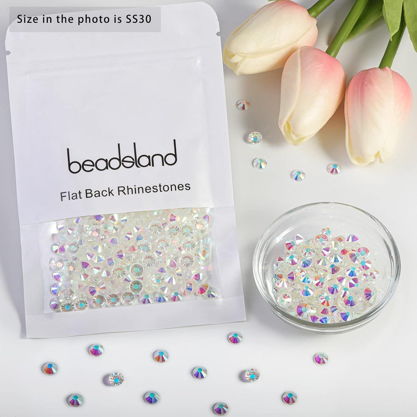 Beadsland 288 Pieces Flat Back Crystal Rhinestones Round Gems,Transparent AB,SS30,6.3-6.5mm
