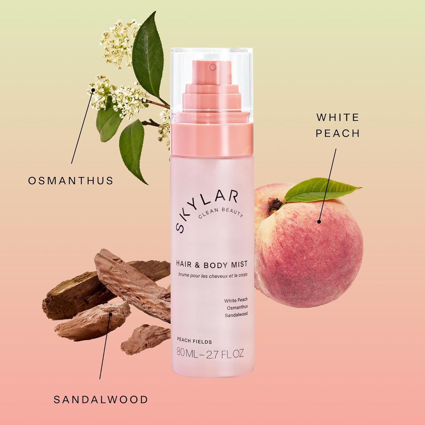 Skylar Peach Fields Hair & Body Mist | Hypoallergenic & Clean Fragrance | Vegan, Cruelty Free, and Safe For Sensitive Skin | 80 ML, 2.7 Fl Oz