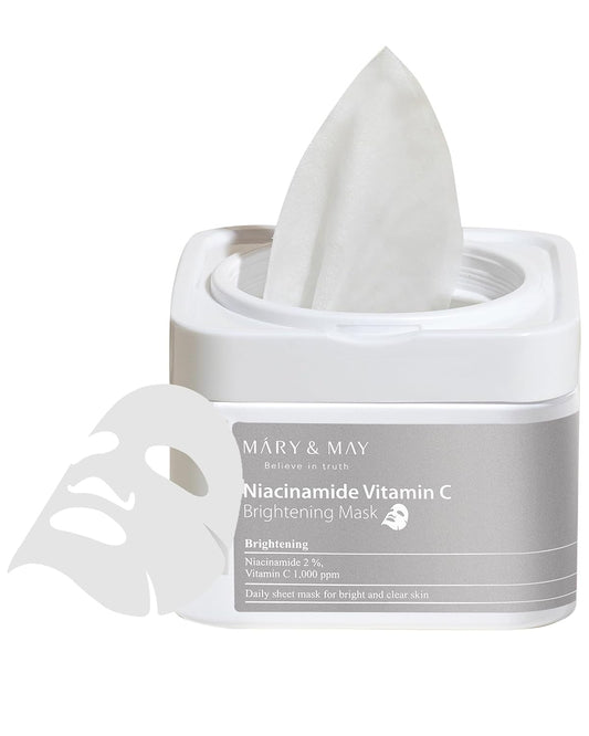 Mary&May Niacinamide Vitamin C Mask | 30 Sheets | Daily Korean Face Mask | Hydrates, Boosts Elasticity, Strengthens Skin Barrier & Reduces Dark Spots | Moisturizing & Firming Sheet Mask