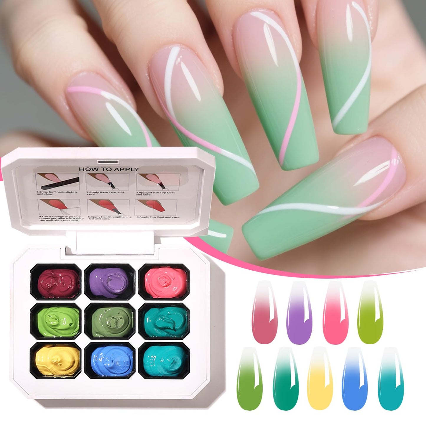 Ombre Gel Polish Nail Sponges for Ombre 9 Series Colorful Blush Effect Gradient painting gel ombre & pat paint for nails Multistyle French Manicure Nail Art DIY Home (A9, 1)