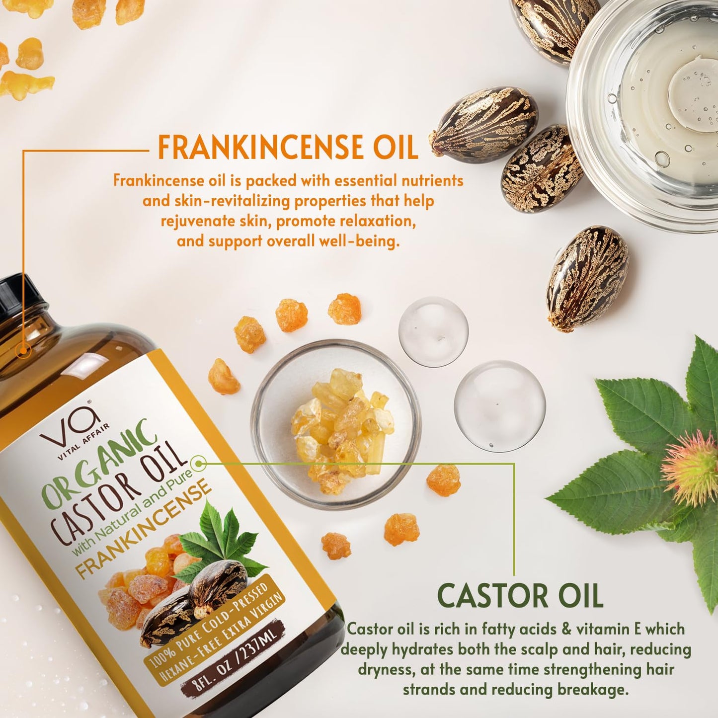 Organic Castor & Frankincense Oil Blend - 100% Pure and Natural, Cold Pressed, Unrefined Glass Bottle Castor and Frankincense Oil For Face & Hair Growth - 8oz