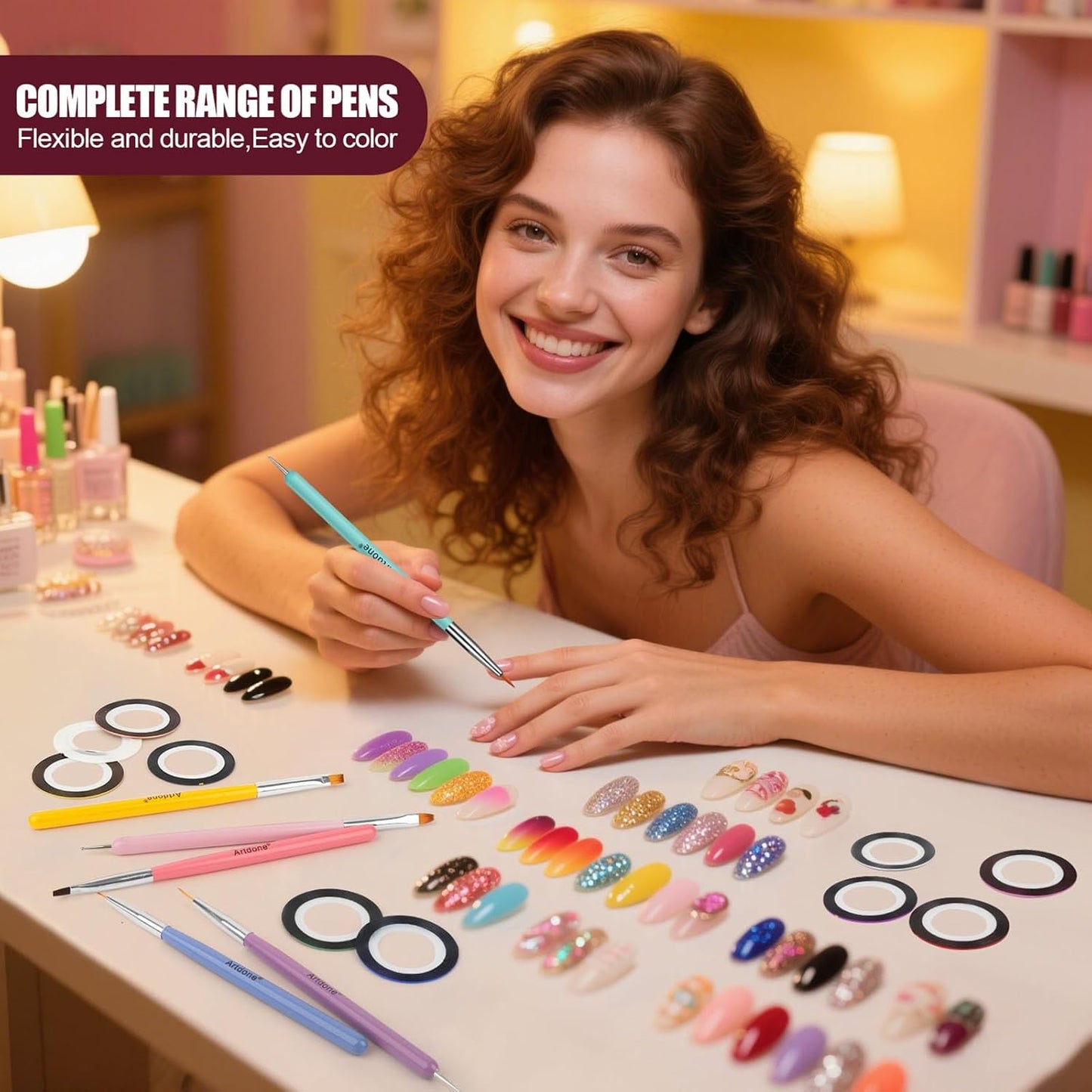 Artdone Nail Striping Tape Lines Kit With Nail Art Pens Dotting Tools And Liner Brushes For Gel Polish Small Detail Drawing Design Paint